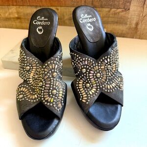 Calleen Cordero Black Embellished Studded Wedge  Sandals